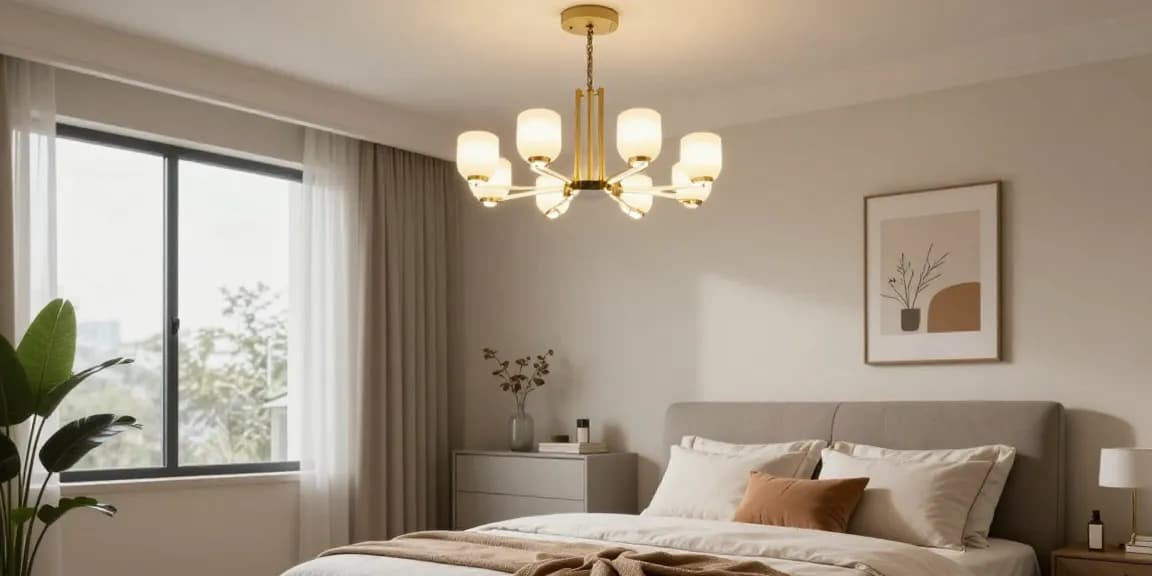 Candelabru dormitor elegant, iluminând un spațiu modern și primitor, cu decor rafinat.