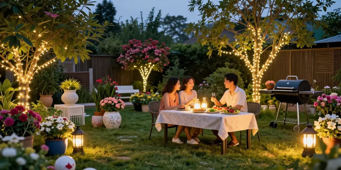 Proiector LED iluminând o grădină decorată, creând o atmosferă deosebită pentru o seară romantică.