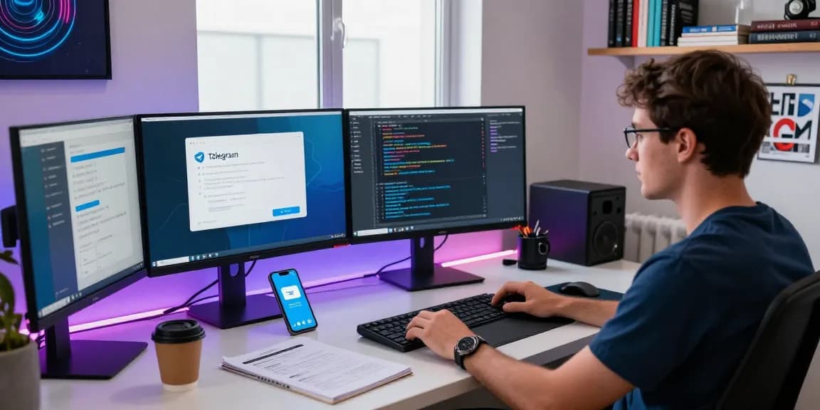 Explore Telegram download in a modern tech workspace, showcasing coding and productivity.