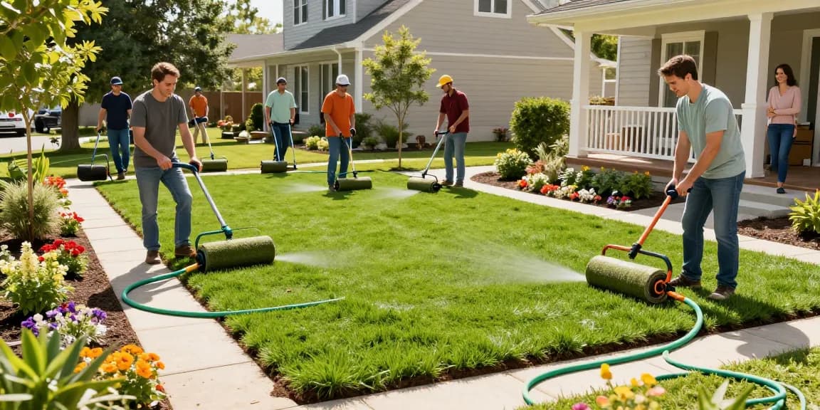 Sod Ottawa installation by professional landscapers transforming a residential yard with vibrant flower beds and bright sunlight.