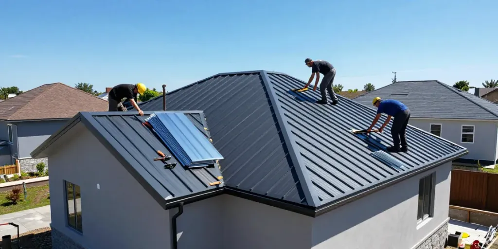 Installation of MRoof metal roof showing skilled contractors at work.